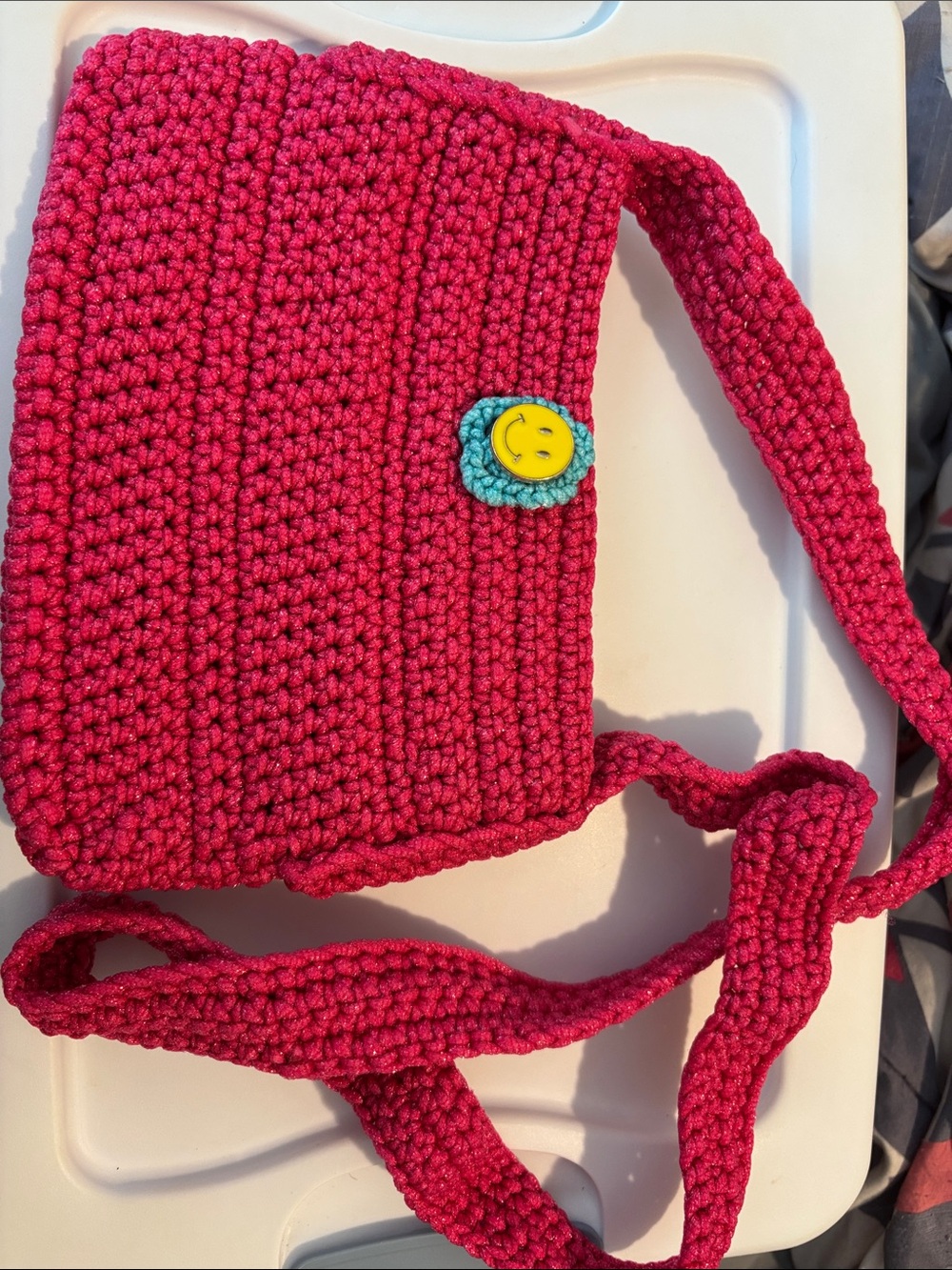Handmade Kids Crochet Crossbody Bag - Hot Pink with Smiley Accent